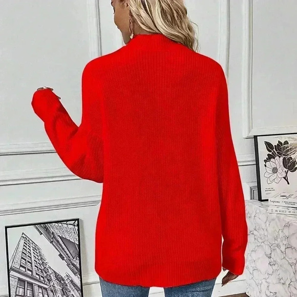 Red Casual Women's Choker Neck Drop Shoulder Sweater - Picture 2 of 6
